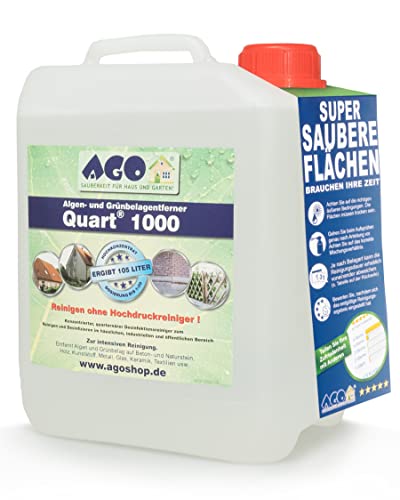 AGO Quart 1000 Grünbelagentferner 5 Liter - chlor- und säurefrei / 1000 qm Algen und Grünbelag Entferner/Steinreiniger/Terrassenreiniger/Grünspan Entferner/Naturstein Reiniger