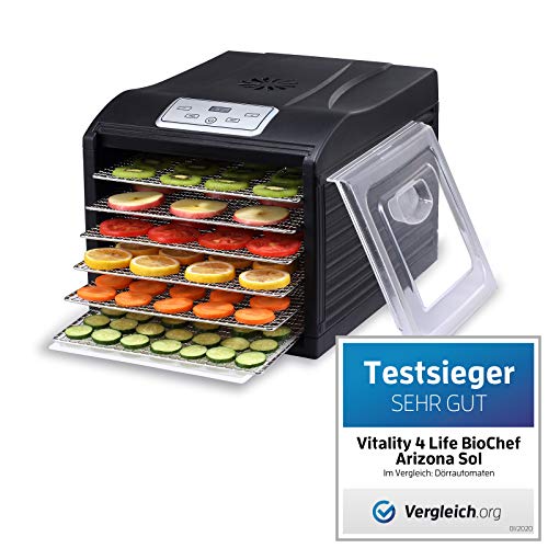 BioChef Arizona Sol Dörrautomat/Dörrgerät mit 6 Einschüben aus Edelstahl PLUS Digitaler Timer + Thermostat, 1 x Anti-Haft Folie, 1 x feinmaschigen Einlegematte, 1 x Auffangblech (Schwarz)