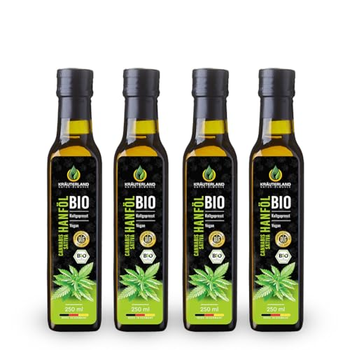 Kräuterland Bio Hanföl - Hanfsamenöl 1 Liter (4x250ml), 100% rein, kaltgepresst - hoher Anteil an Omega 3-6-9 Fettsäuren - vegan in Premium Qualität