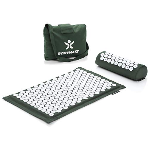 BODYMATE Akupressurmatte, Akupressur-Set inkl. Nackenkissen und Transporttasche, Massagematte zur Selbstheilung, Meditation & Entspannung, Therapiegerät für Zuhause, Green