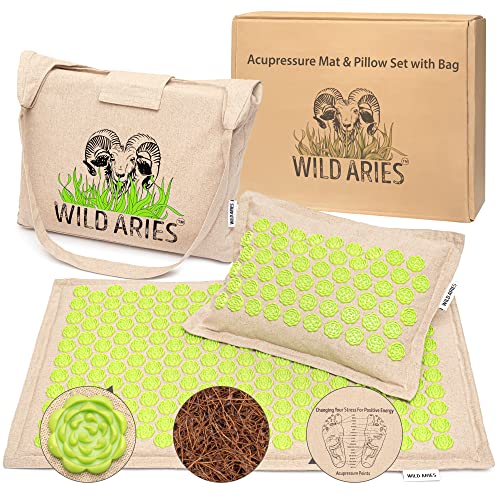 Akupressurmatte mit Kissen und Tasche - Wild Aries - Massagematte aus 100% Leinen - Baumwolle - Kokosfaser Buchweizenschalen - Akupunkturmatte - Muskel Entspannung Geschenk für Frauen und Männer