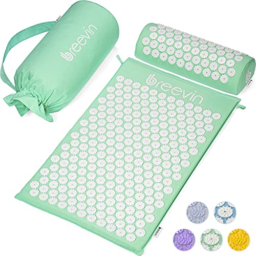 BREEVIN Akupressurmatte mit Kissen - Akupunkturmatte gegen Rückenschmerzen löst Verspannungen & fördert Durchblutung - Fakirmatte-Set inkl. Tragetasche, Positionen-Guide & umweltfreundliche Verpackung