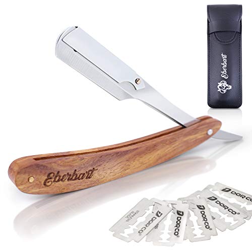 Eberbart Edelstahl Rasiermesser mit 10 Wechselklingen + Etui – Klassisches Bartmesser mit hochwertigem Griff aus Holz für eine besonders gründliche Rasur wie beim Barbier – für Anfänger und Profis