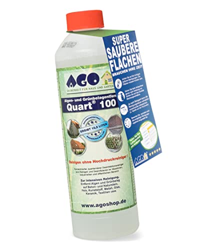 AGO® Quart 100 Grünbelag Entferner Chlorfrei & Säurefrei I 500 ml Flechten & Algen Entferner Reiniger-Konzentrat für 100qm