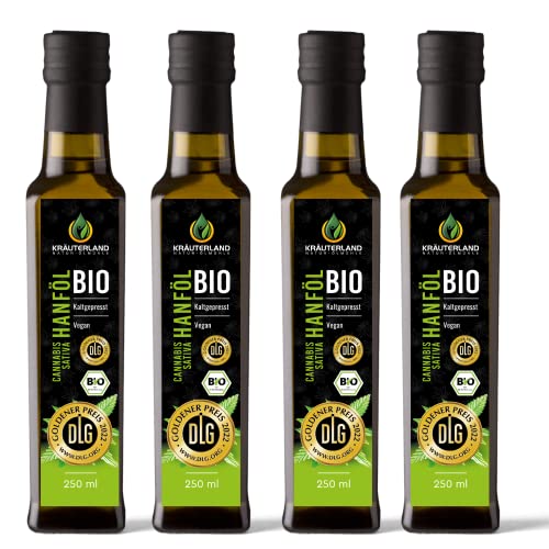 Kräuterland Bio Hanföl - Hanfsamenöl 1 Liter (4x250ml) 100% rein kaltgepresst - hoher Anteil an Omega 3-6-9 Fettsäuren - vegan in Premium Qualität